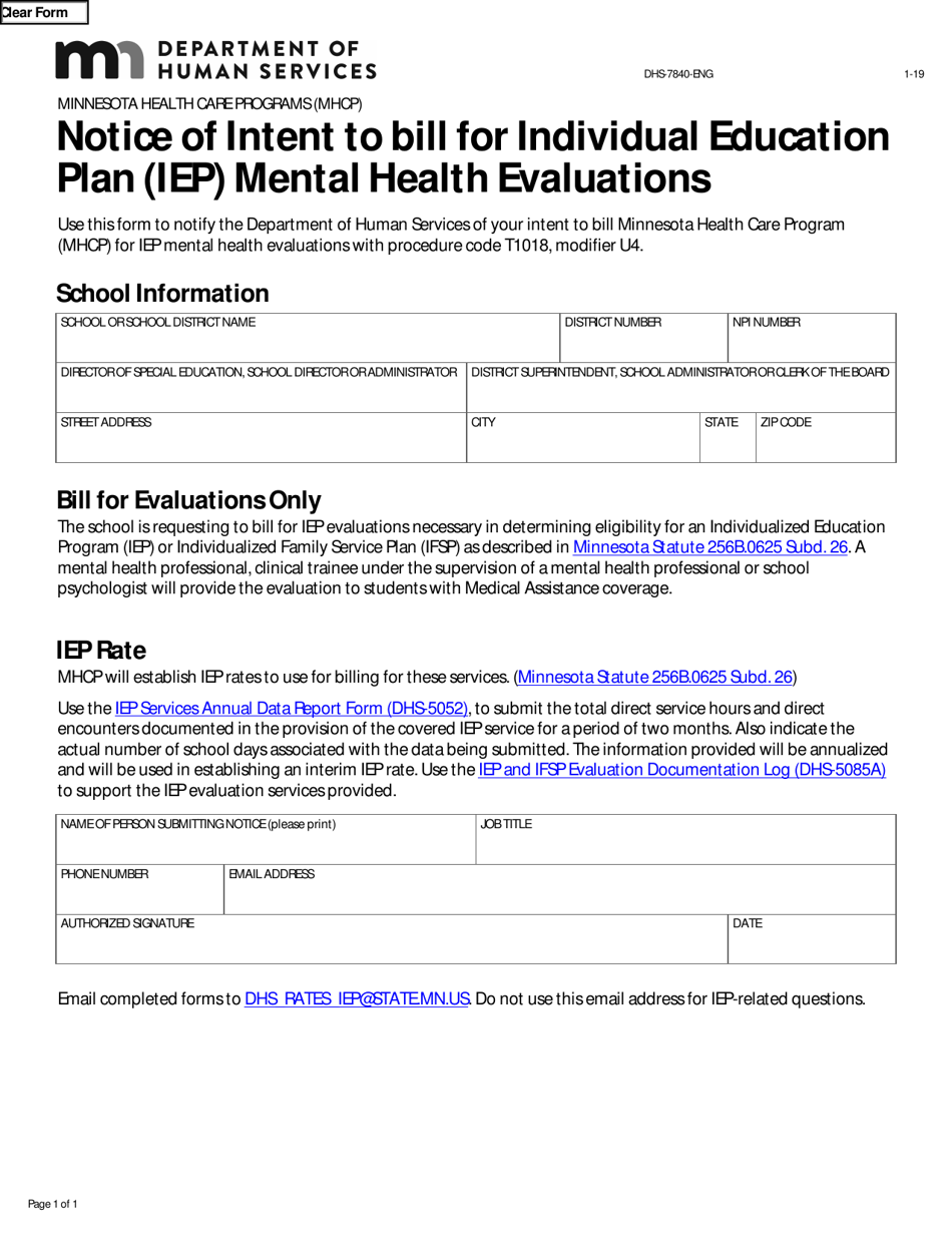 Form DHS-7840-ENG Notice of Intent to Bill for Individual Education Plan (Iep) Mental Health Evaluations - Minnesota, Page 1