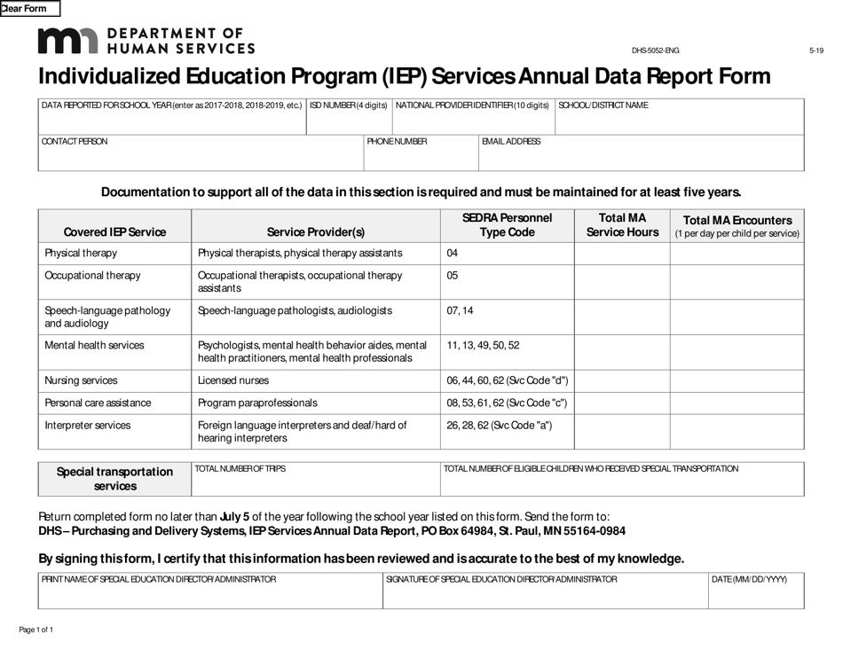 Form DHS-5052-ENG Individualized Education Program (Iep) Services Annual Data Report Form - Minnesota, Page 1
