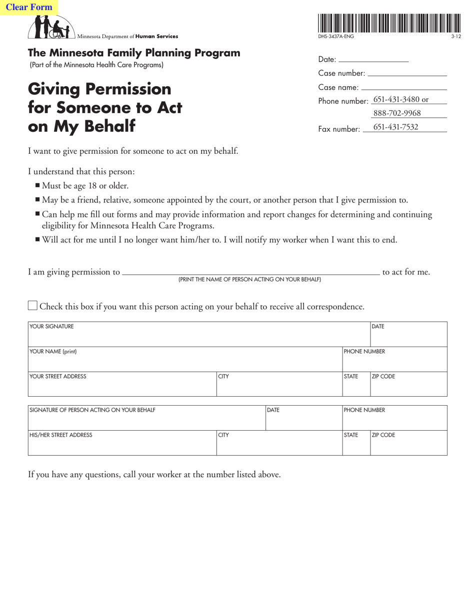Form DHS-3437A-ENG Giving Permission for Someone to Act on My Behalf - Minnesota, Page 1
