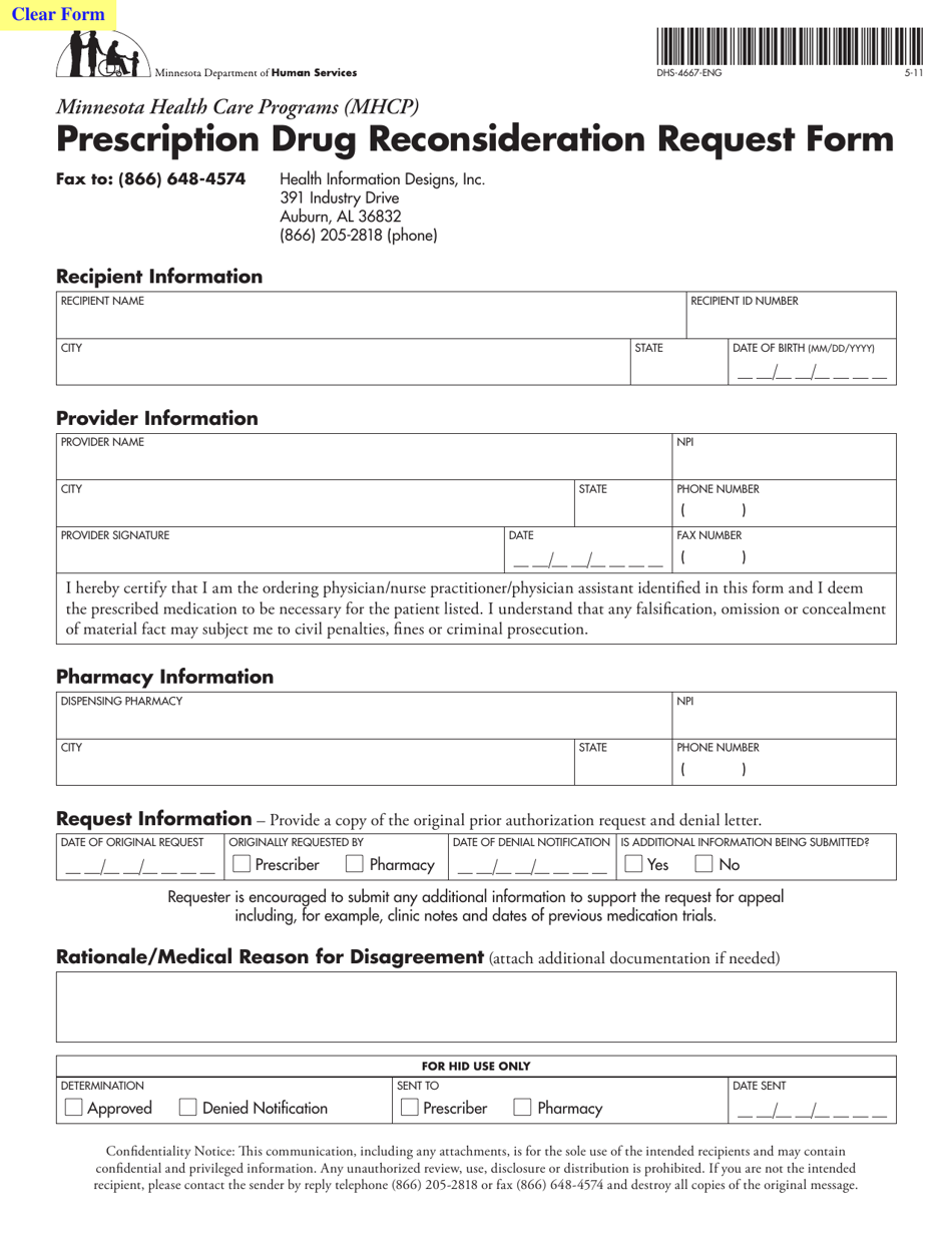 Form DHS-4667-ENG Prescription Drug Reconsideration Request Form - Minnesota, Page 1
