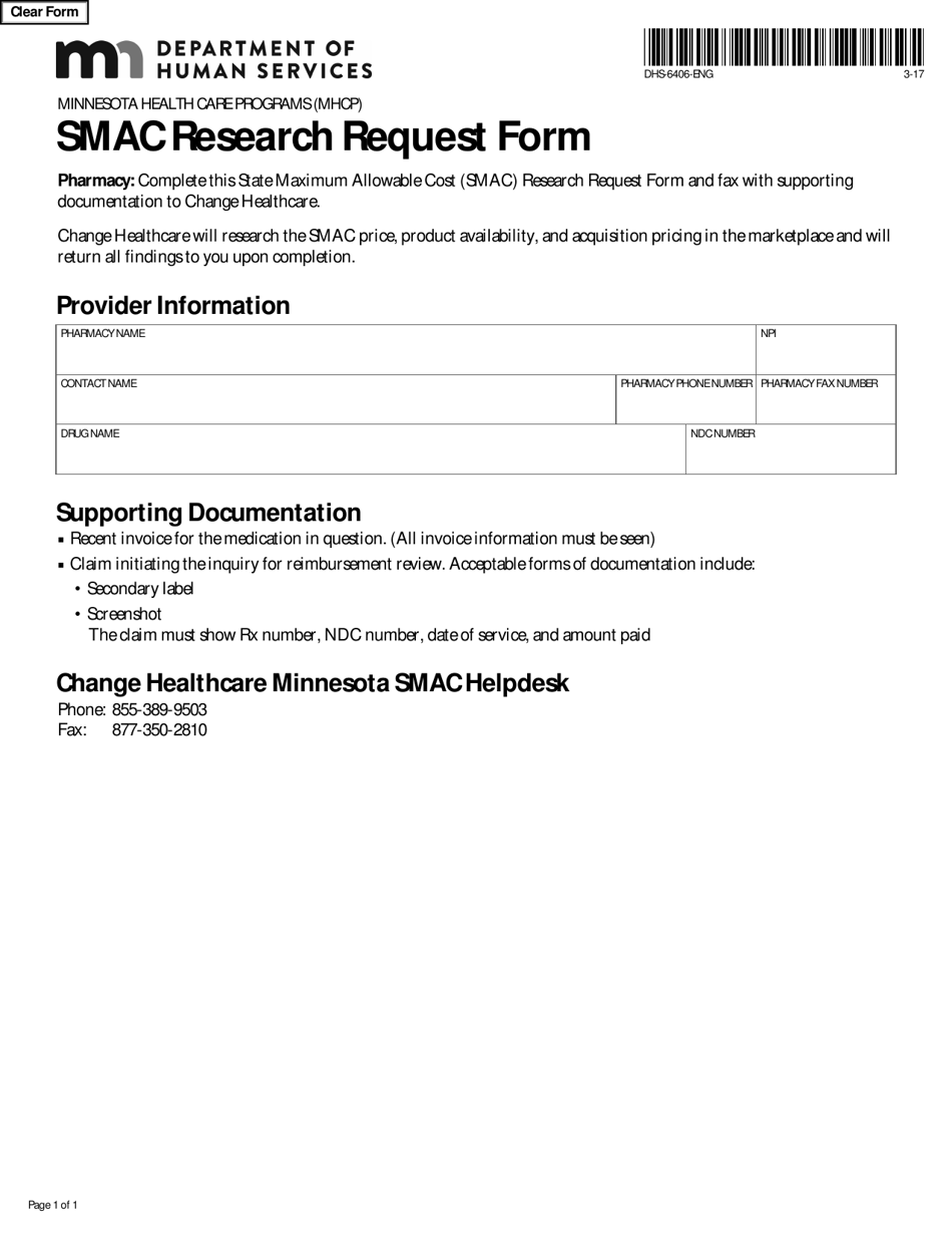 Form DHS-6406-ENG Smac Research Request Form - Minnesota, Page 1