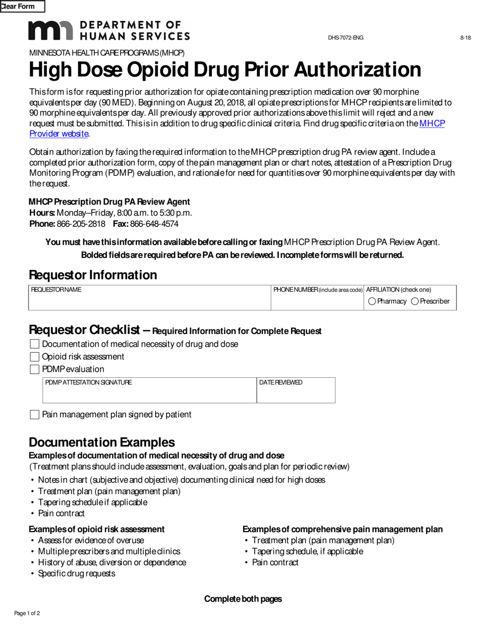 Form DHS-7072-ENG High Dose Opioid Drug Prior Authorization - Minnesota, Page 1