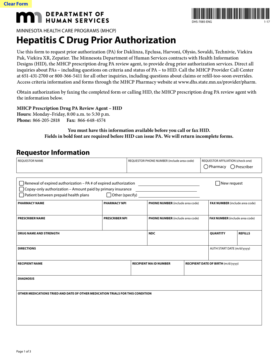 Form DHS-7085-ENG Hepatitis C Drug Prior Authorization - Minnesota, Page 1