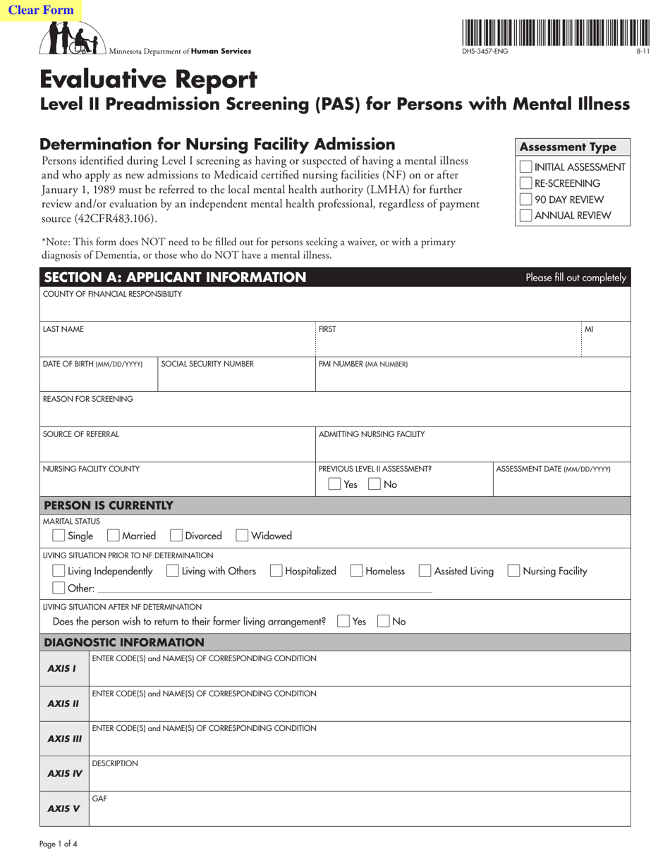 Form DHS-3457-ENG Evaluative Report - Level II Preadmission Screening (Pas) for Persons With Mental Illness - Minnesota, Page 1