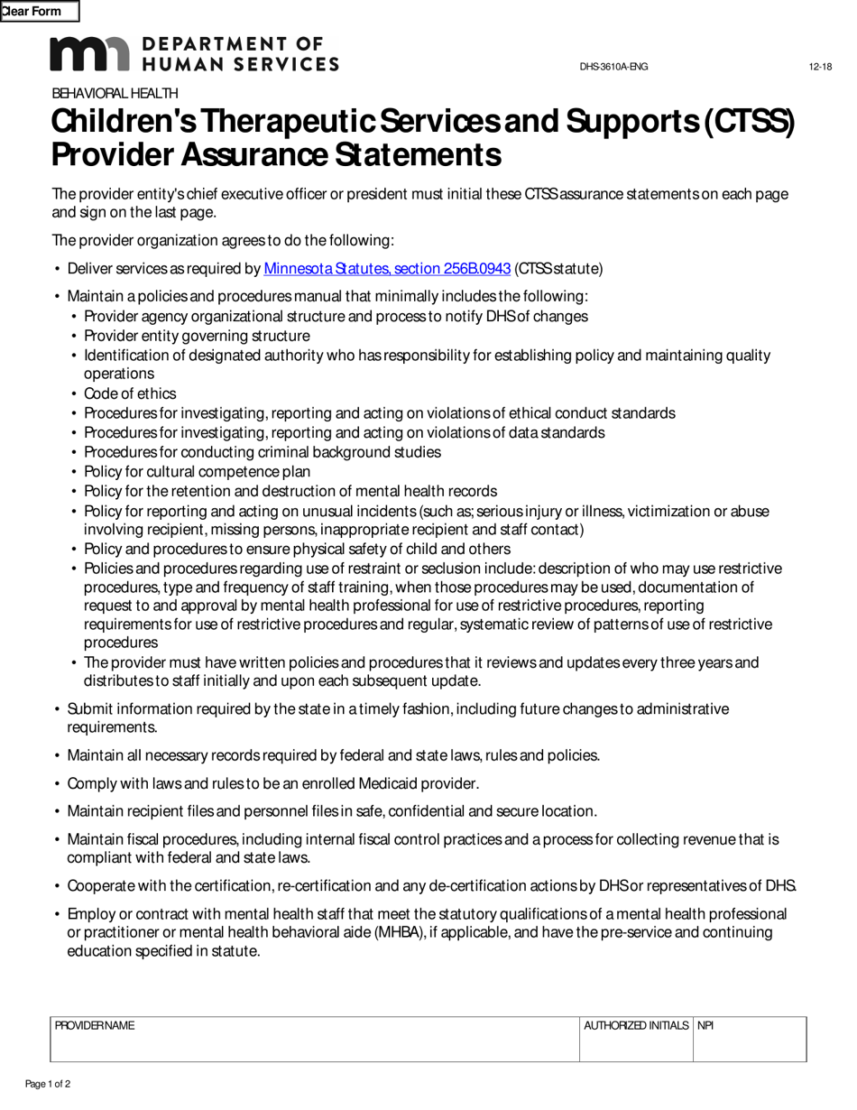 Form DHS-3610A-ENG Childrens Therapeutic Services and Supports (Ctss) Provider Assurance Statements - Minnesota, Page 1