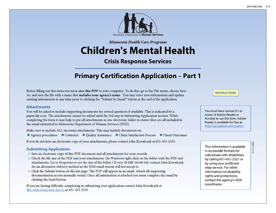 Form DHS4985 Part 1 Crisis Response Services Primary Certification Application - Minnesota, Page 1