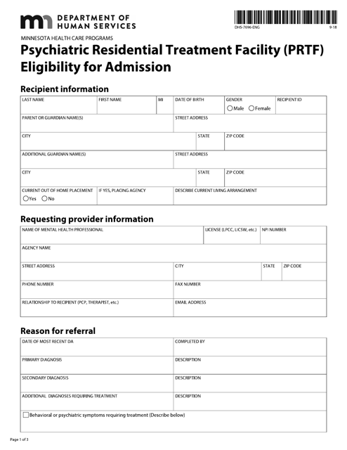 Form DHS-7696-ENG Psychiatric Residential Treatment Facility (Prtf) Eligibility for Admission - Minnesota