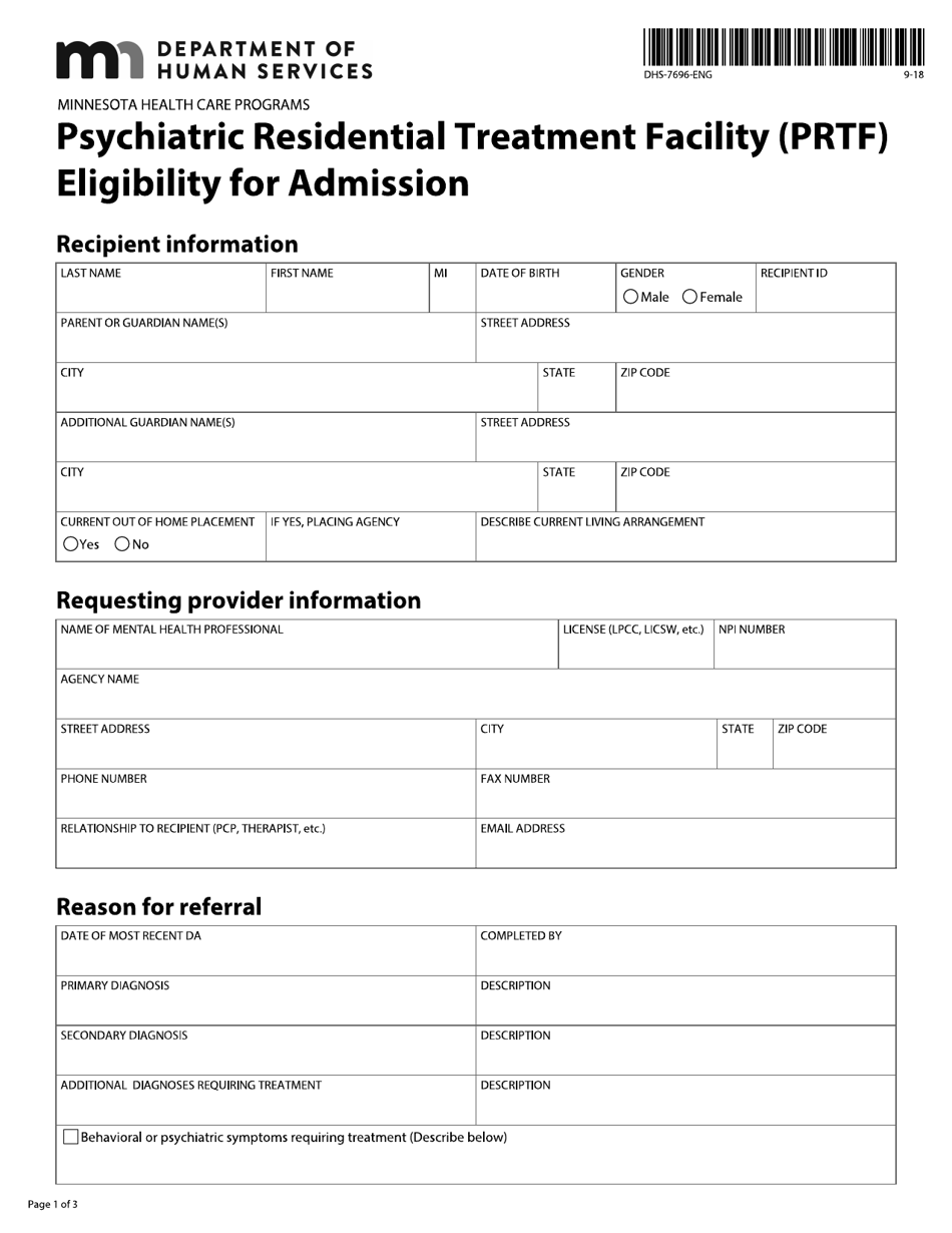 Form DHS-7696-ENG Psychiatric Residential Treatment Facility (Prtf) Eligibility for Admission - Minnesota, Page 1