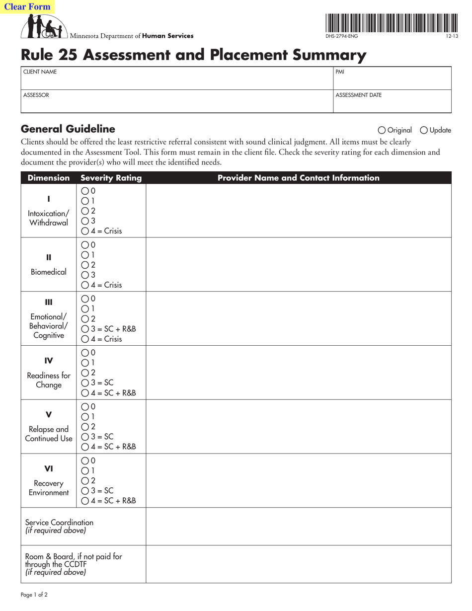 Form DHS-2794-ENG Rule 25 Assessment and Placement Summary - Minnesota, Page 1
