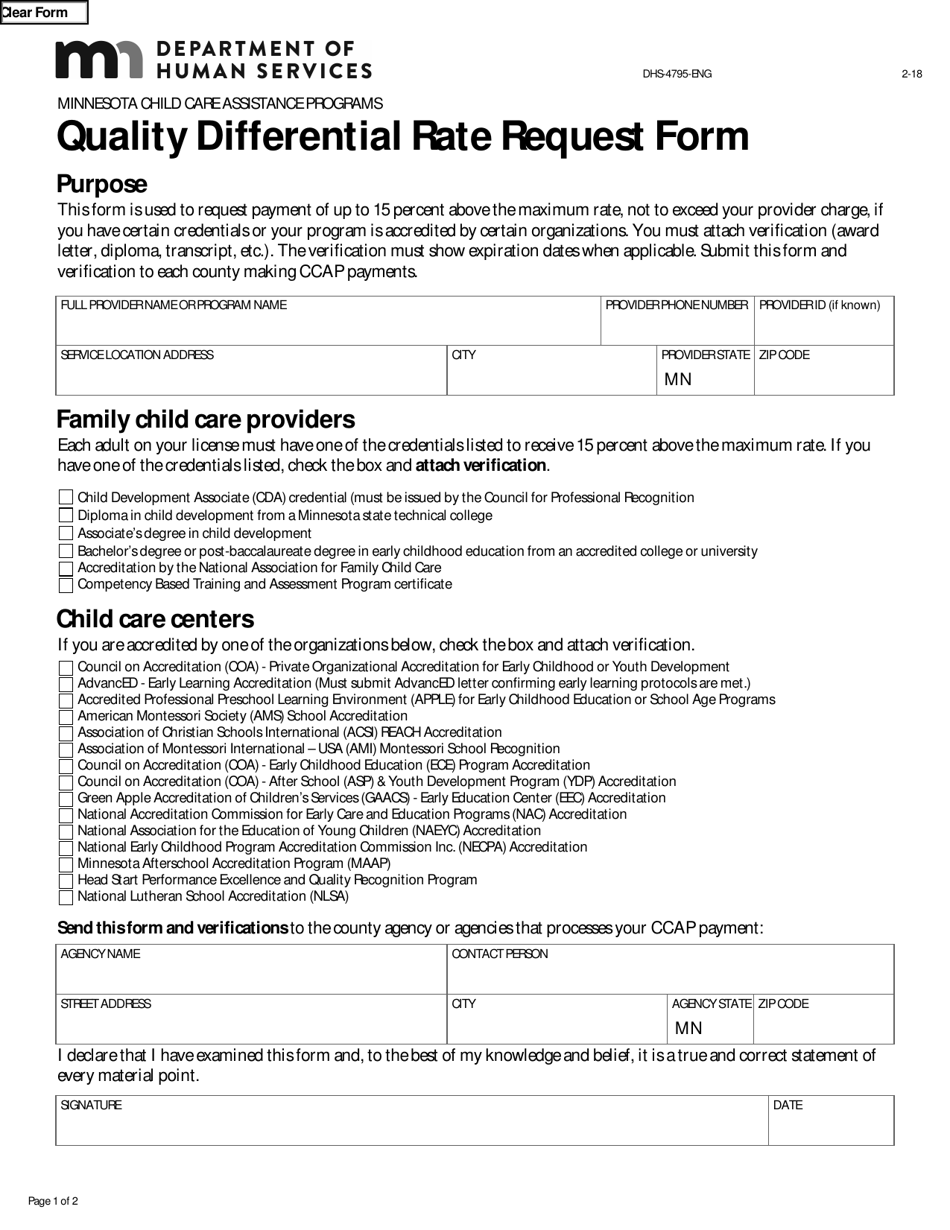 Form DHS-4795-ENG Quality Differential Rate Request Form - Minnesota, Page 1
