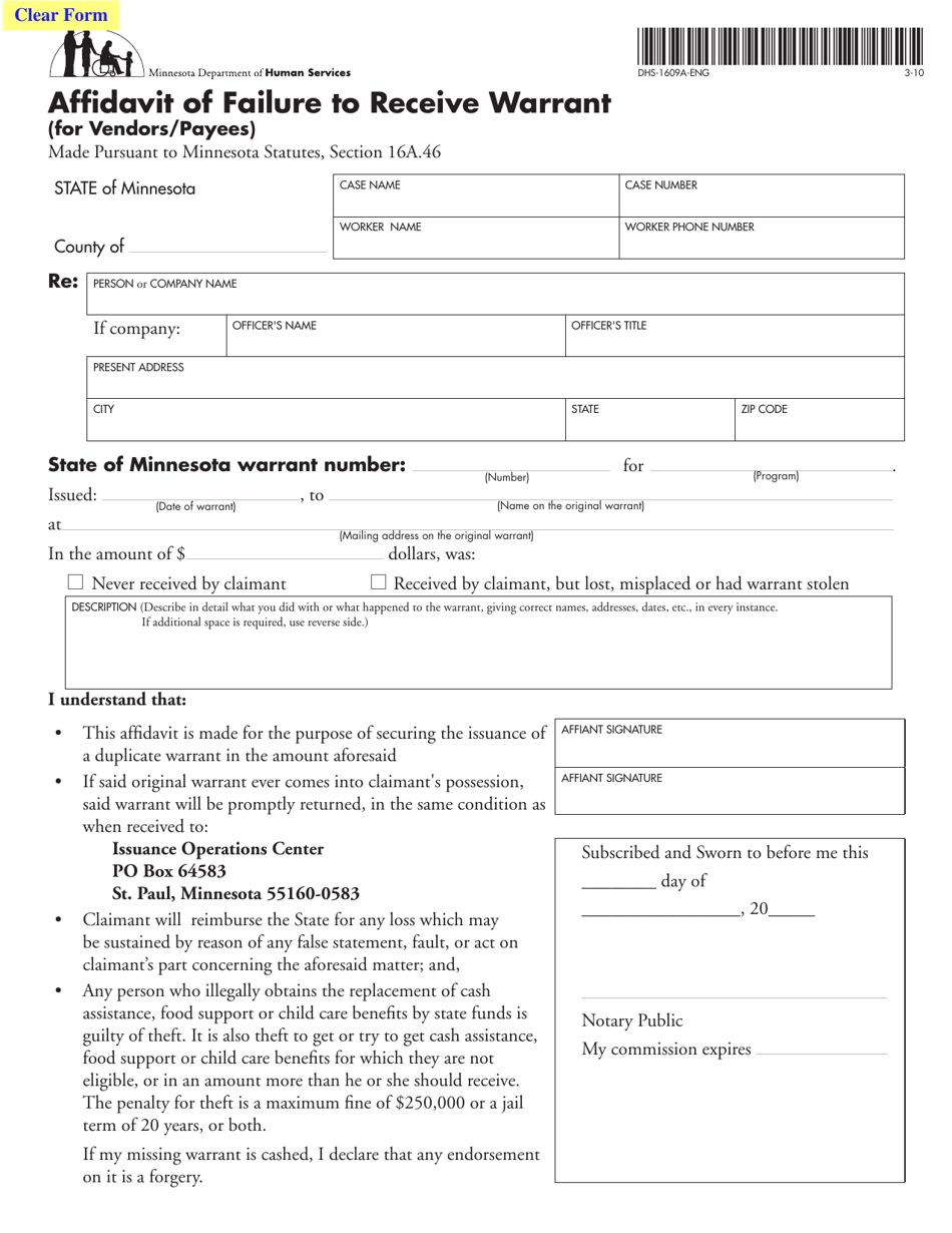 Form DHS-1609A-ENG Affidavit of Failure to Receive Warrant (For Vendors / Payees) - Minnesota, Page 1