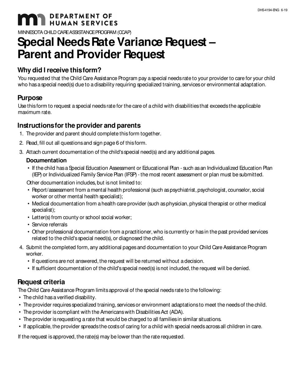 Form DHS-4194 Special Needs Rate Variance Request  Parent and Provider Request - Minnesota, Page 1