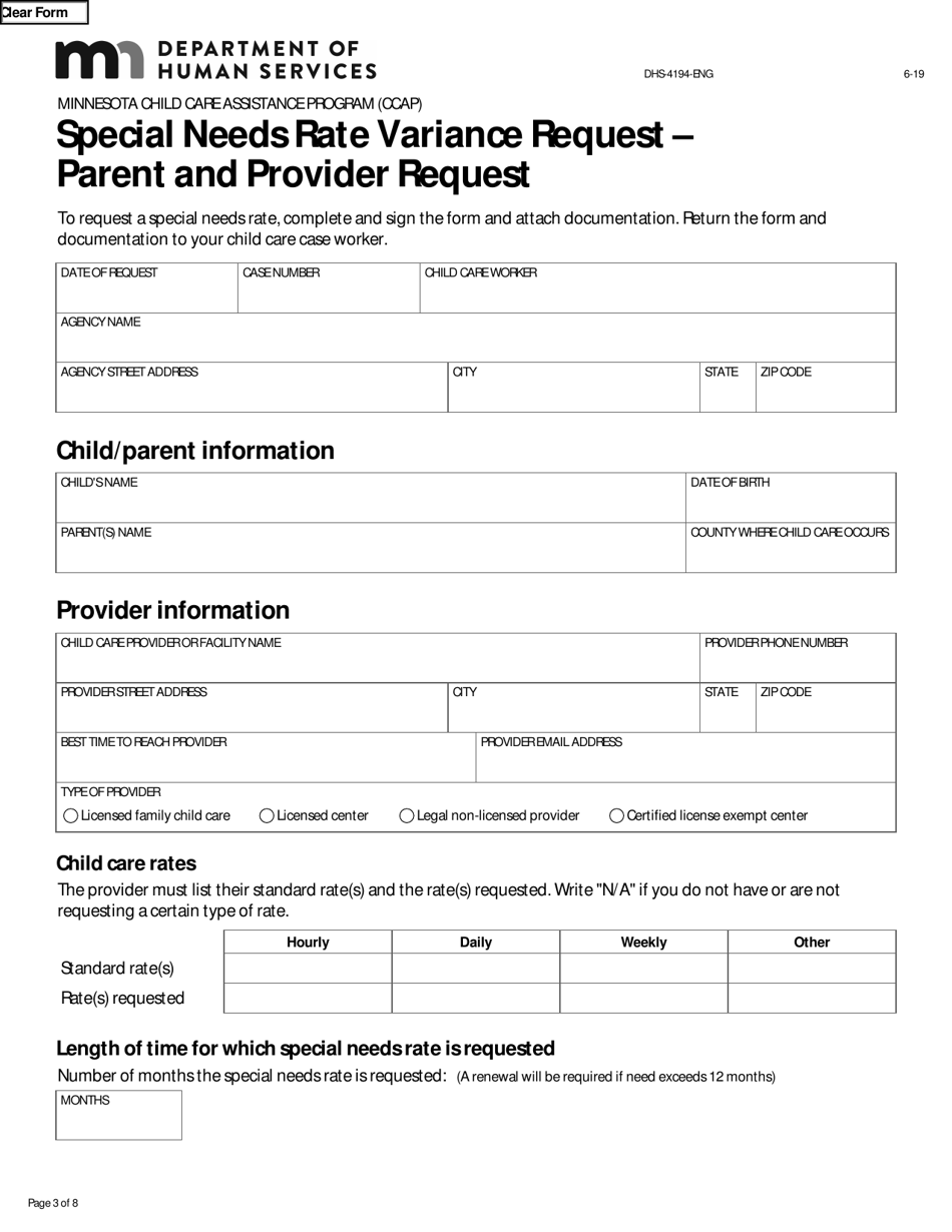 Form DHS-4194 Special Needs Rate Variance Request  Parent and Provider Request - Minnesota, Page 3