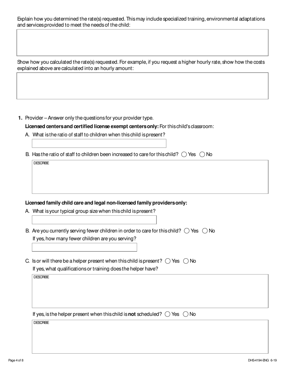 Form DHS-4194 Special Needs Rate Variance Request  Parent and Provider Request - Minnesota, Page 4