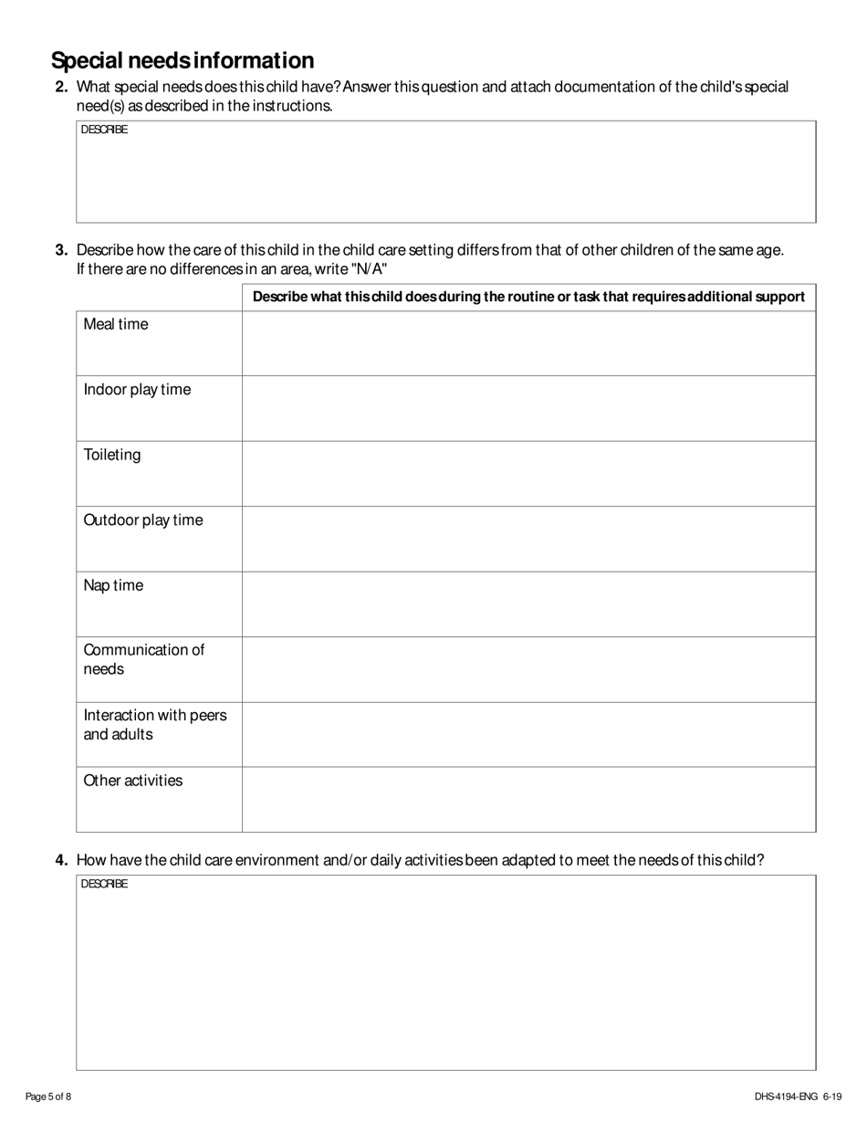 Form DHS-4194 Special Needs Rate Variance Request  Parent and Provider Request - Minnesota, Page 5