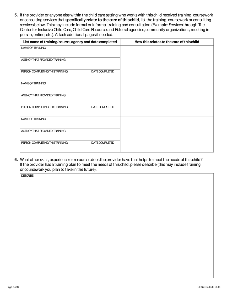 Form DHS-4194 Special Needs Rate Variance Request  Parent and Provider Request - Minnesota, Page 6