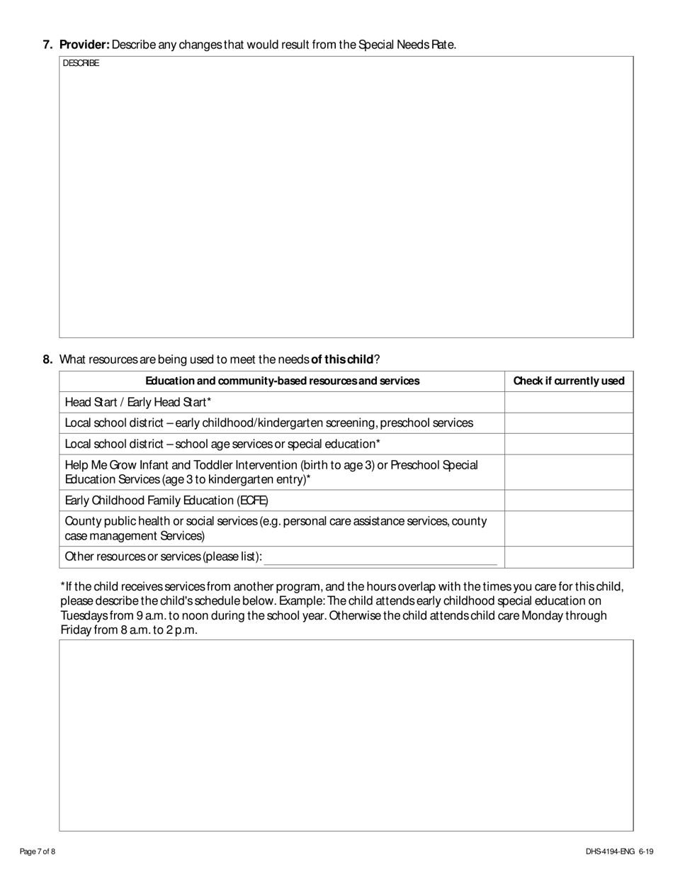 Form DHS-4194 Special Needs Rate Variance Request  Parent and Provider Request - Minnesota, Page 7