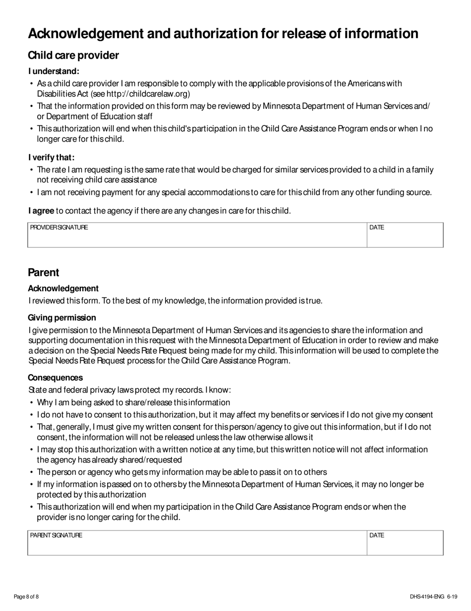 Form DHS-4194 Special Needs Rate Variance Request  Parent and Provider Request - Minnesota, Page 8