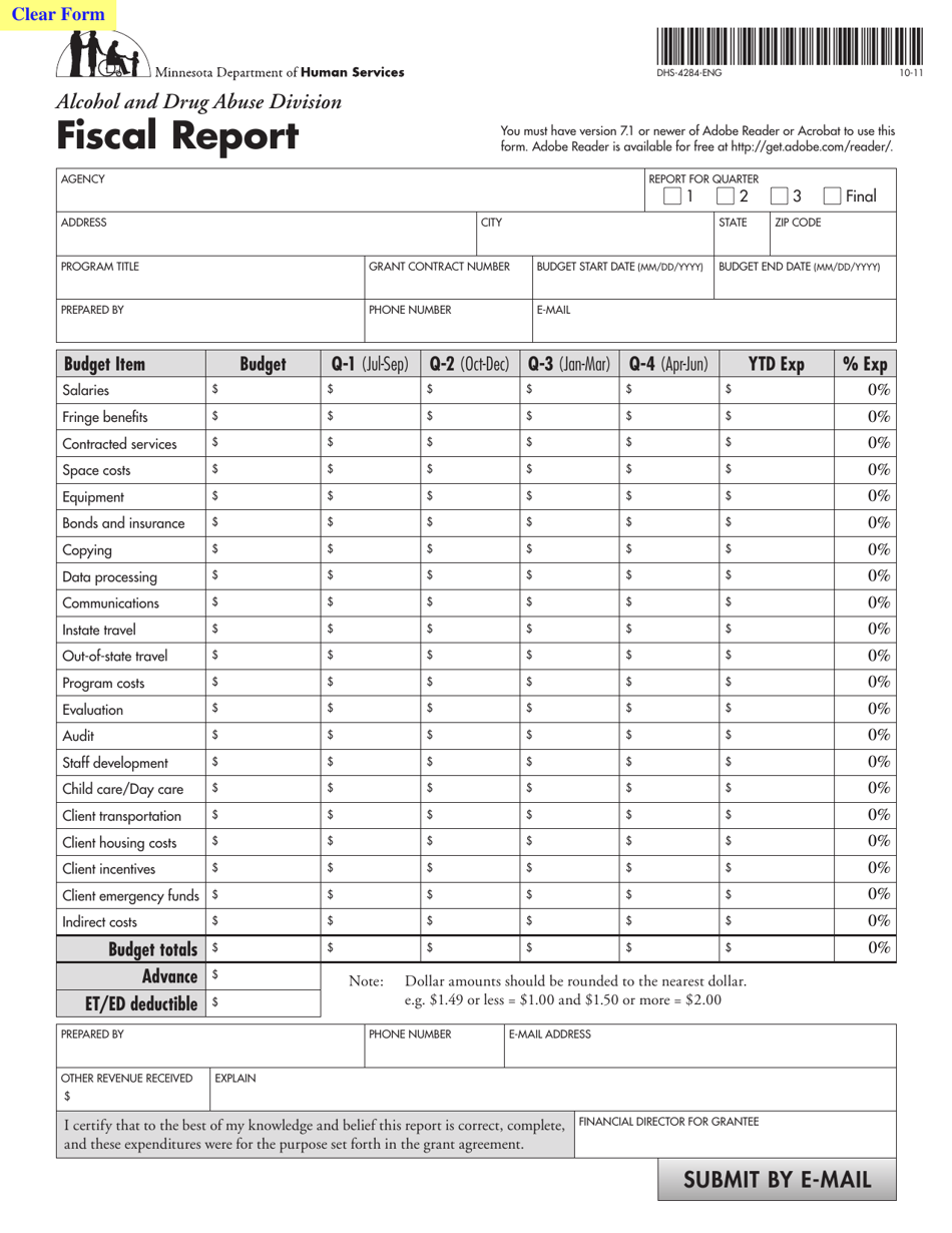 Form DHS-4284-ENG Alcohol and Drug Abuse Division - Fiscal Report - Minnesota, Page 1