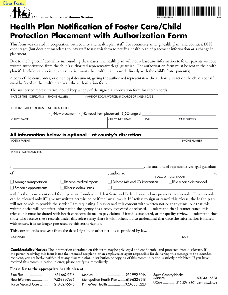 Form DHS-5275-ENG Health Plan Notification of Foster Care / Child Protection Placement With Authorization Form - Minnesota, Page 1