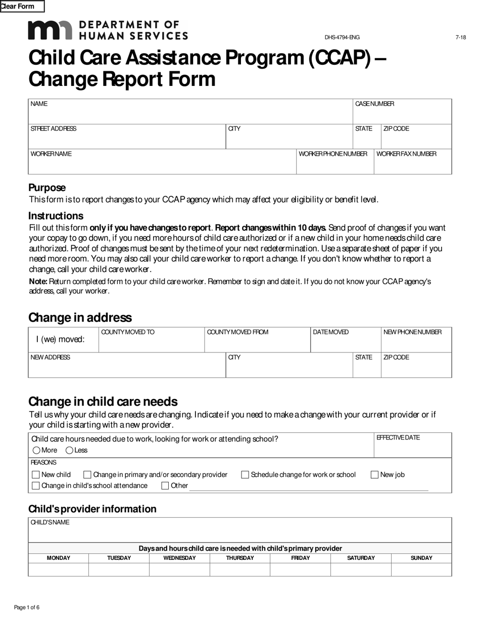 Form DHS-4794-ENG Child Care Assistance Program (Ccap) - Change Report Form - Minnesota, Page 1