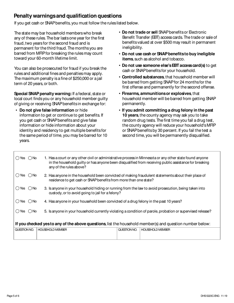 Form DHS-5223C-ENG Combined Application - Addendum for SNAP (Food) and Cash Assistance Programs - Minnesota, Page 5