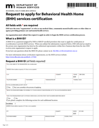 Form DHS-7093A-ENG Request to Apply for Behavioral Health Home (Bhh) Services Certification - Minnesota