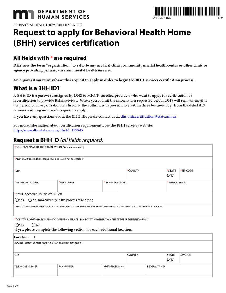 Form DHS-7093A-ENG Request to Apply for Behavioral Health Home (Bhh) Services Certification - Minnesota, Page 1