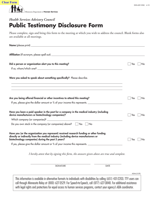 Form DHS-6201-ENG Public Testimony Disclosure Form - Minnesota
