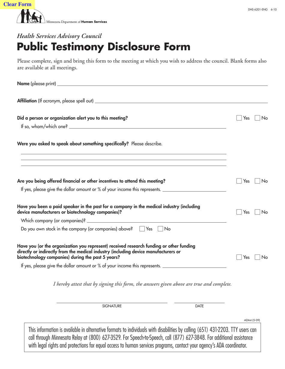 Form DHS-6201-ENG Public Testimony Disclosure Form - Minnesota, Page 1