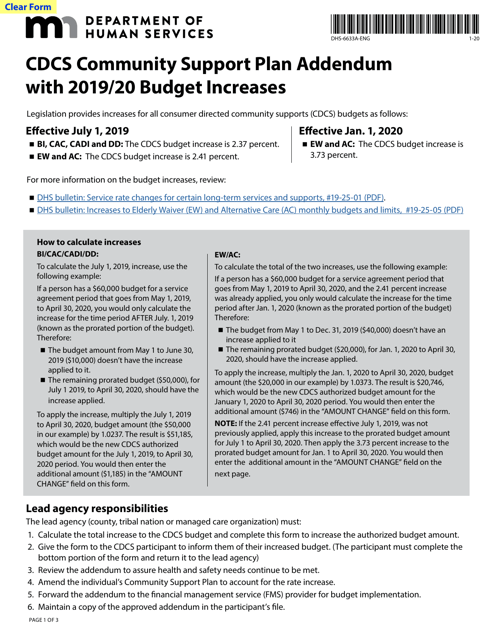 Form DHS-6633A CDCs Community Support Plan Addendum With 2019/20 Budget Increases - Minnesota