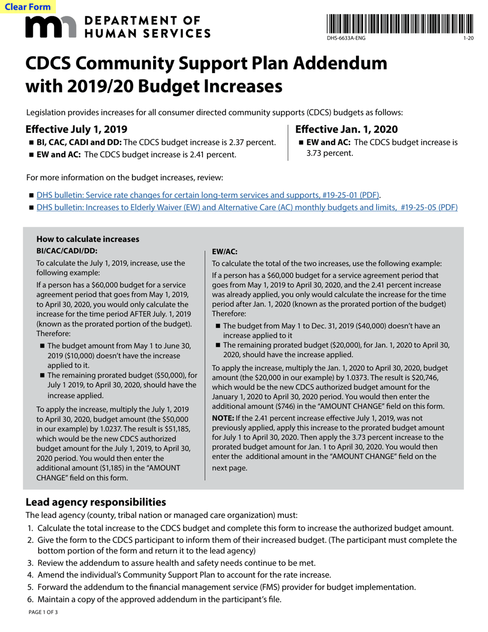 Form DHS-6633A CDCs Community Support Plan Addendum With 2019 / 20 Budget Increases - Minnesota, Page 1