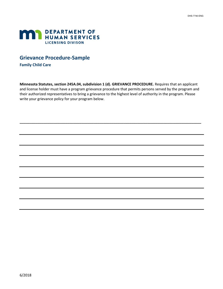 Form DHS-7740 Grievance Procedure - Sample - Minnesota, Page 1