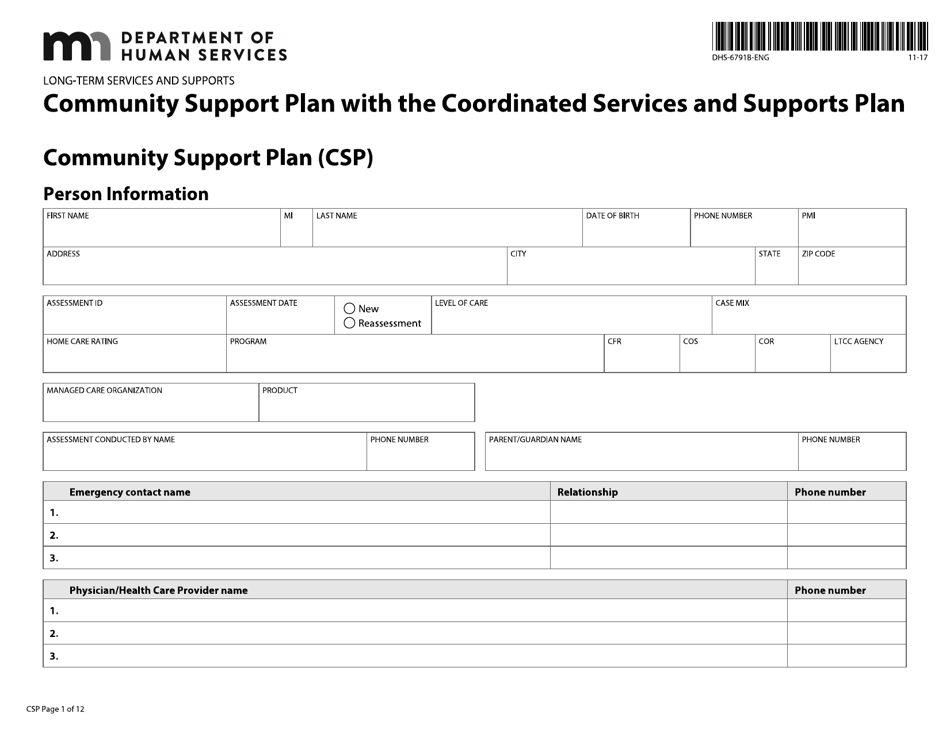 Form DHS-6791B-ENG Community Support Plan With Coordinated Services and Supports Plan - Minnesota, Page 1