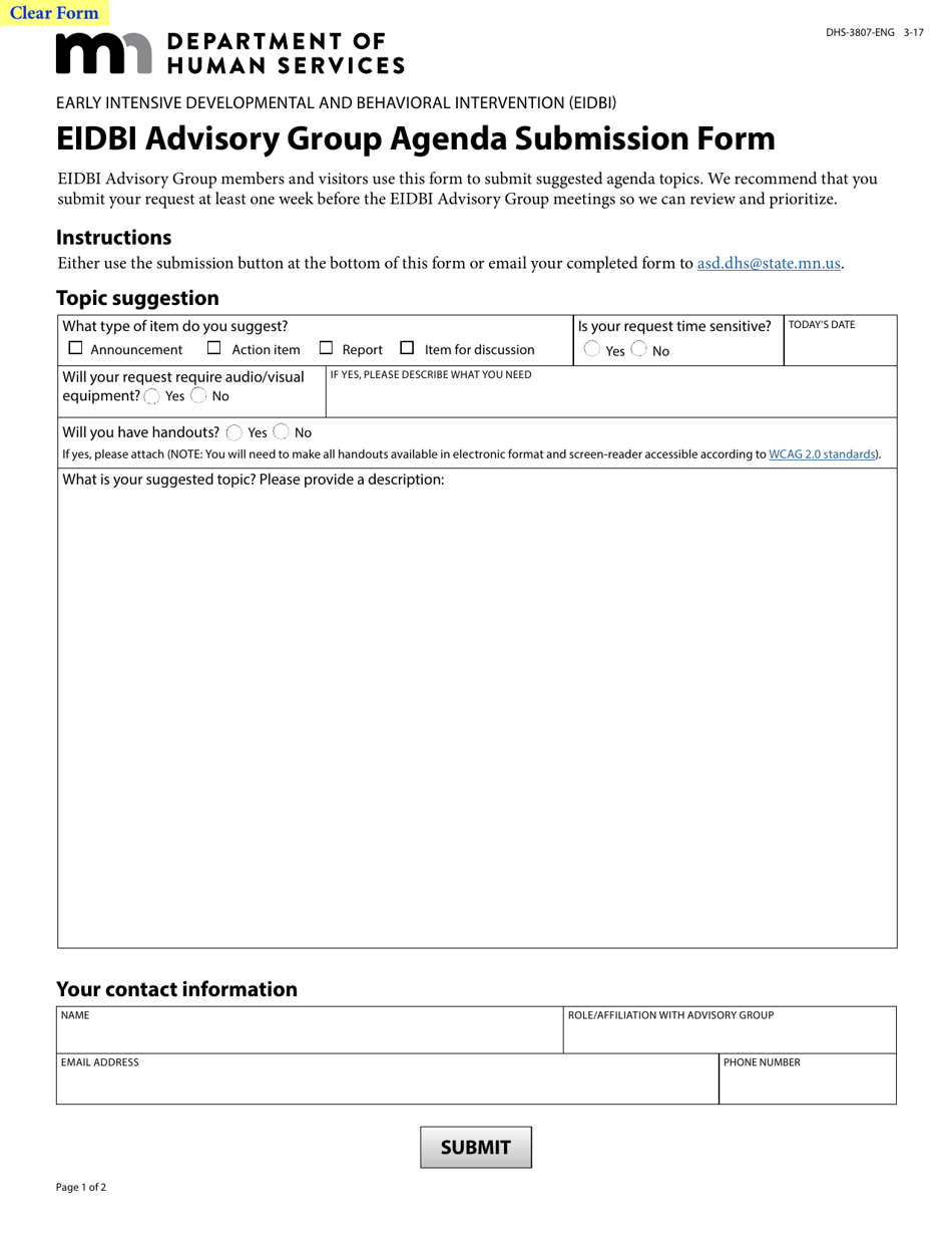 Form DHS-3807-ENG Eidbi Advisory Group Agenda Submission Form - Minnesota, Page 1
