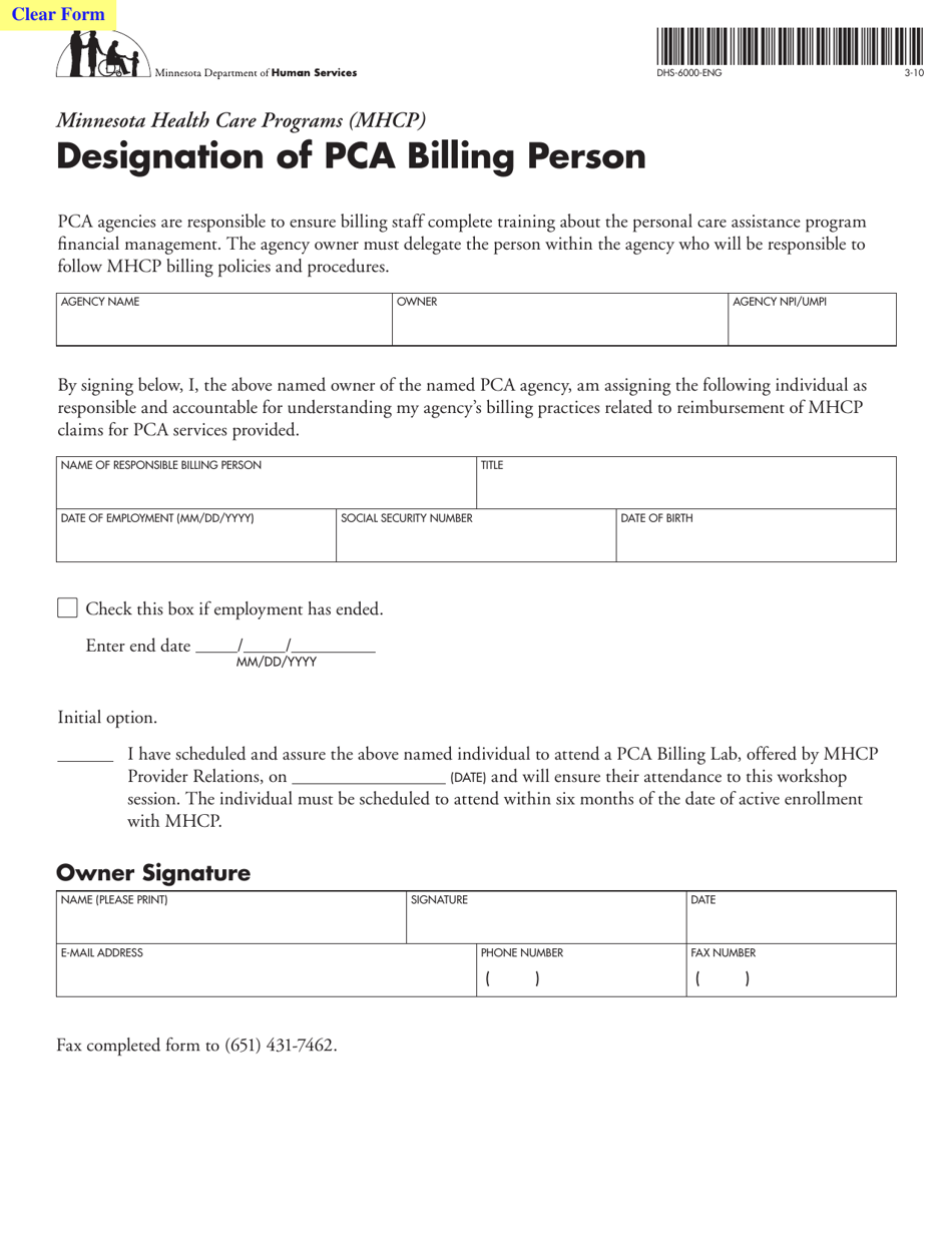 Form DHS-6000-ENG Designation of Pca Billing Person - Minnesota, Page 1