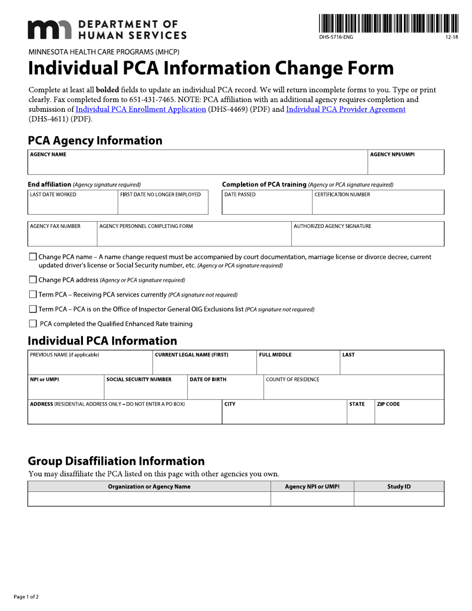 Form DHS-5716-ENG Individual Pca Information Change Form - Minnesota, Page 1
