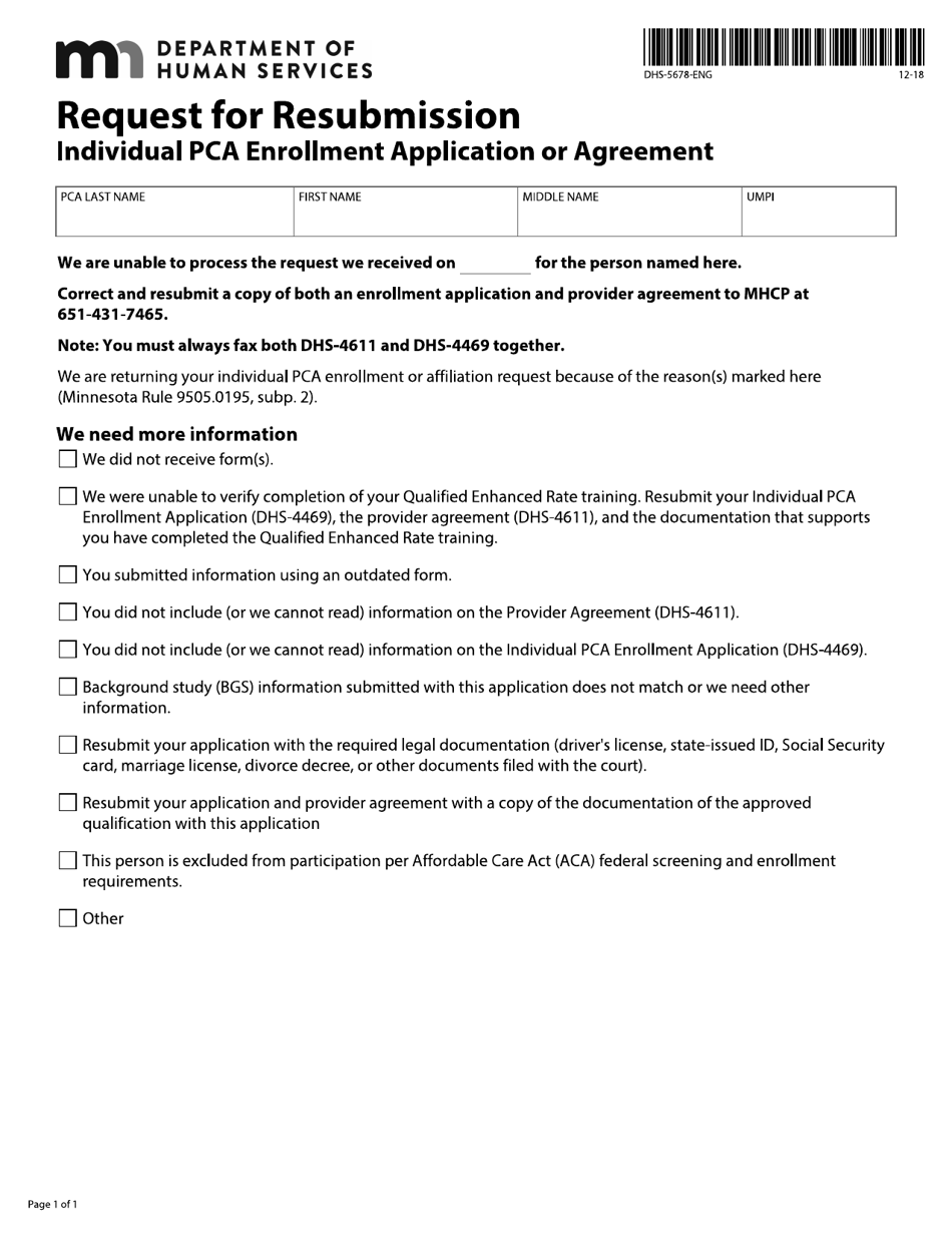 Form DHS-5678-ENG Request for Resubmission Individual Pca Enrollment Application or Agreement - Minnesota, Page 1