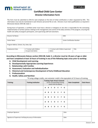 Document preview: Certified Child Care Center Director Information Form - Minnesota
