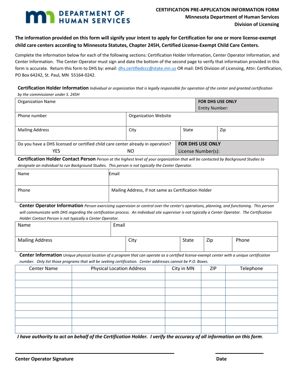 Certification Pre-application Information Form - Minnesota, Page 1