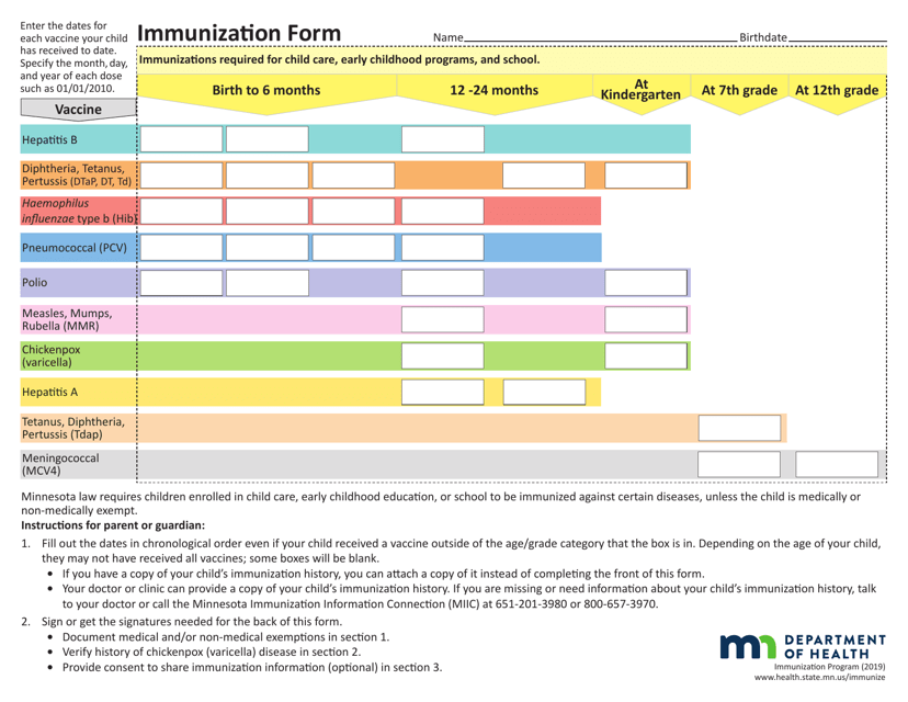 Immunization Form - Minnesota