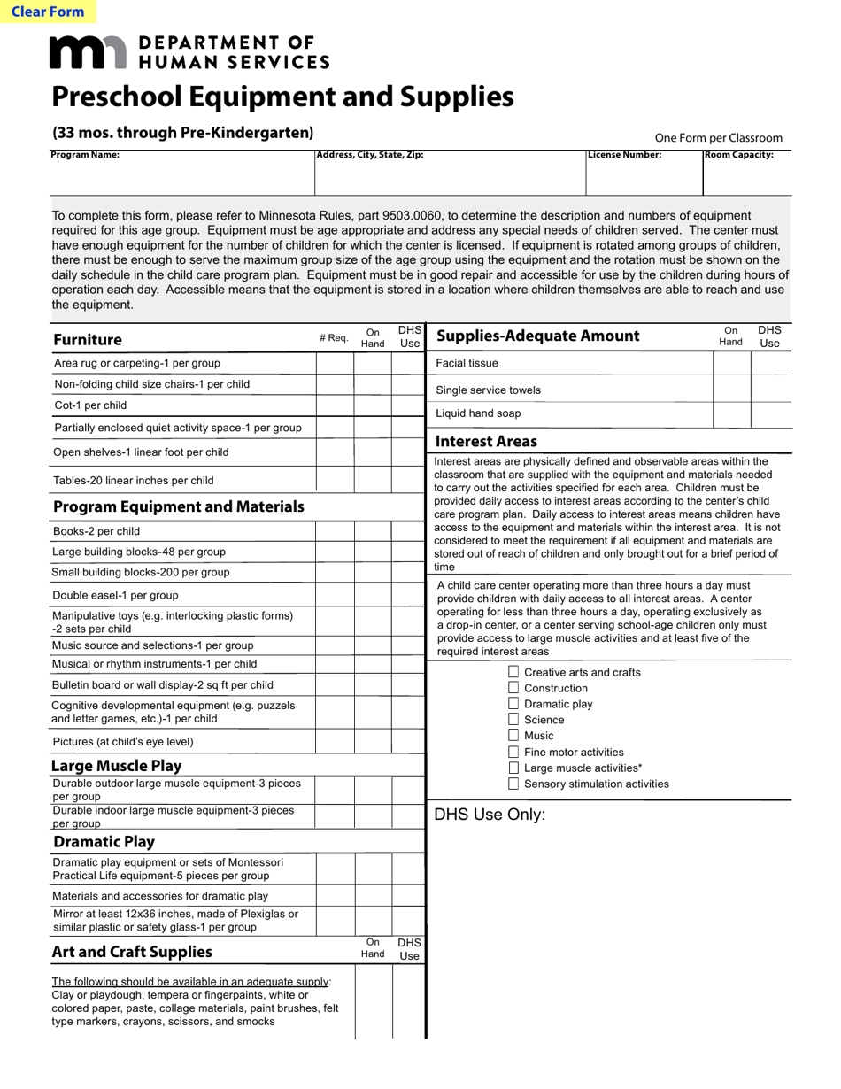 Minnesota Preschool Equipment and Supplies Fill Out, Sign Online and