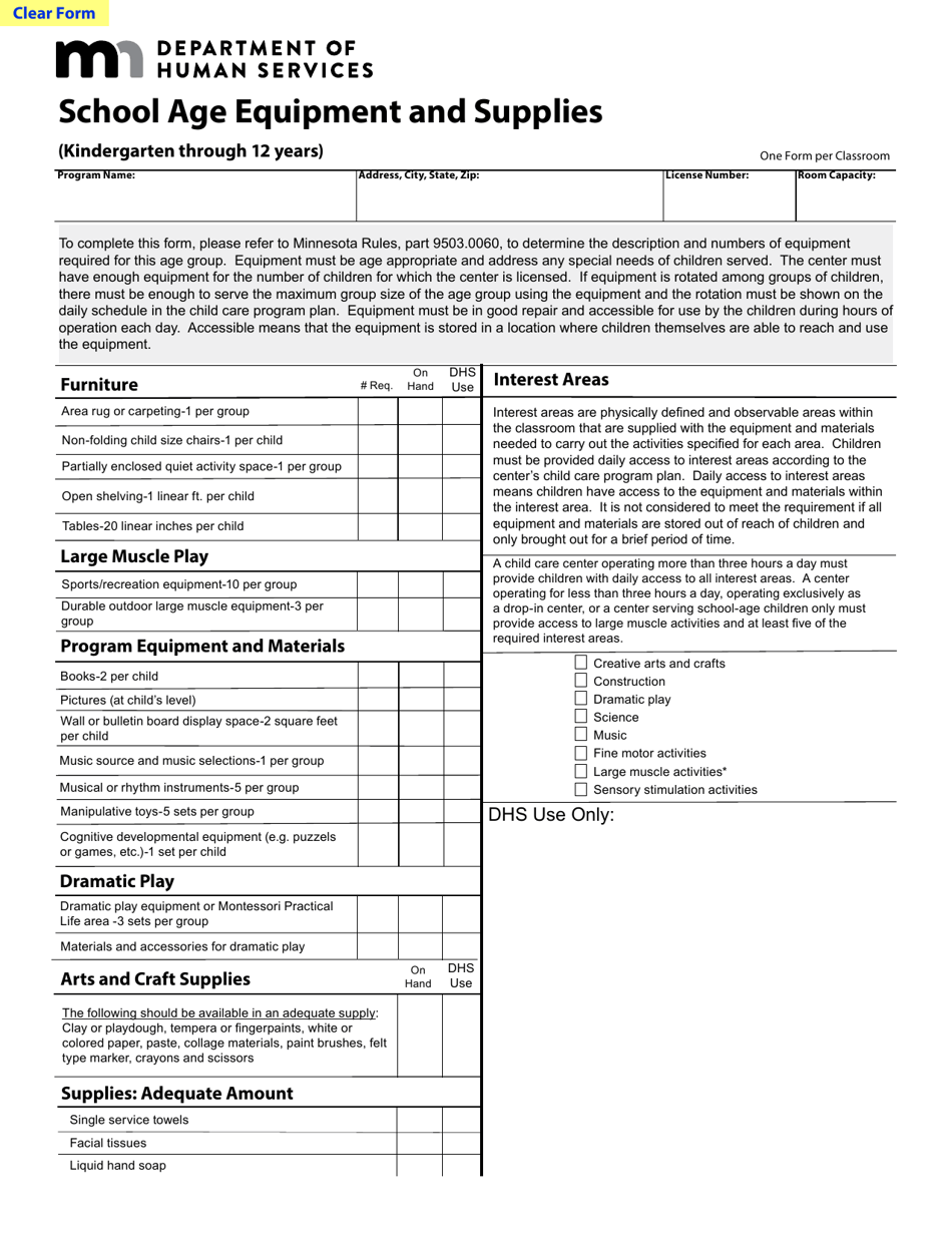 School Age Equipment and Supplies - Minnesota, Page 1