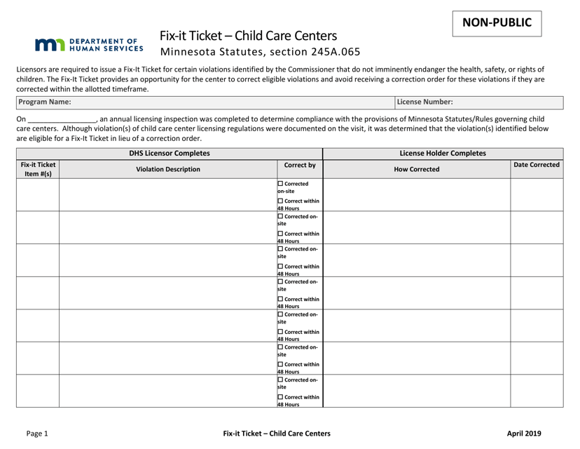 Fix-It Ticket - Child Care Centers - Minnesota Download Pdf