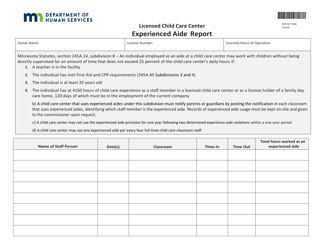 Form DHS-5271-ENG Licensed Child Care Center Experienced Aide Report - Minnesota