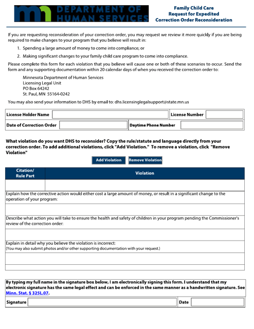 Family Child Care Request for Expedited Correction Order Reconsideration - Minnesota Download Pdf