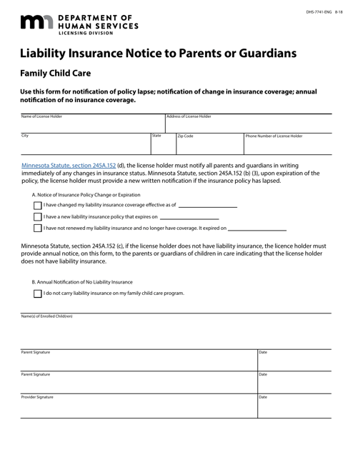 Form DHS-7741-ENG Liability Insurance Notice to Parents or Guardians - Minnesota