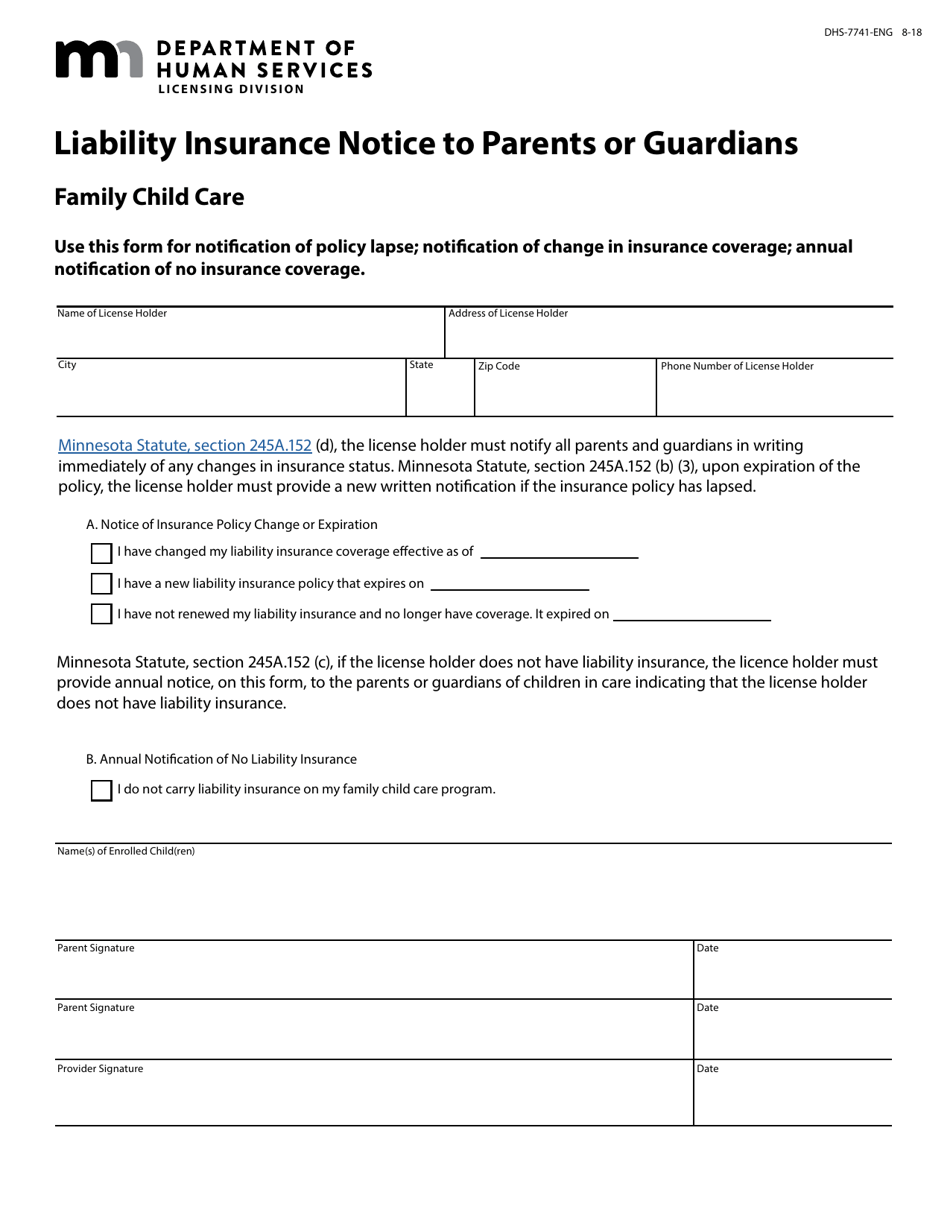 Form DHS-7741-ENG Liability Insurance Notice to Parents or Guardians - Minnesota, Page 1