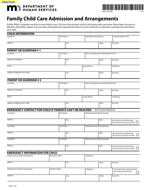 Form DHS-7776-ENG Family Child Care Admission and Arrangements - Minnesota