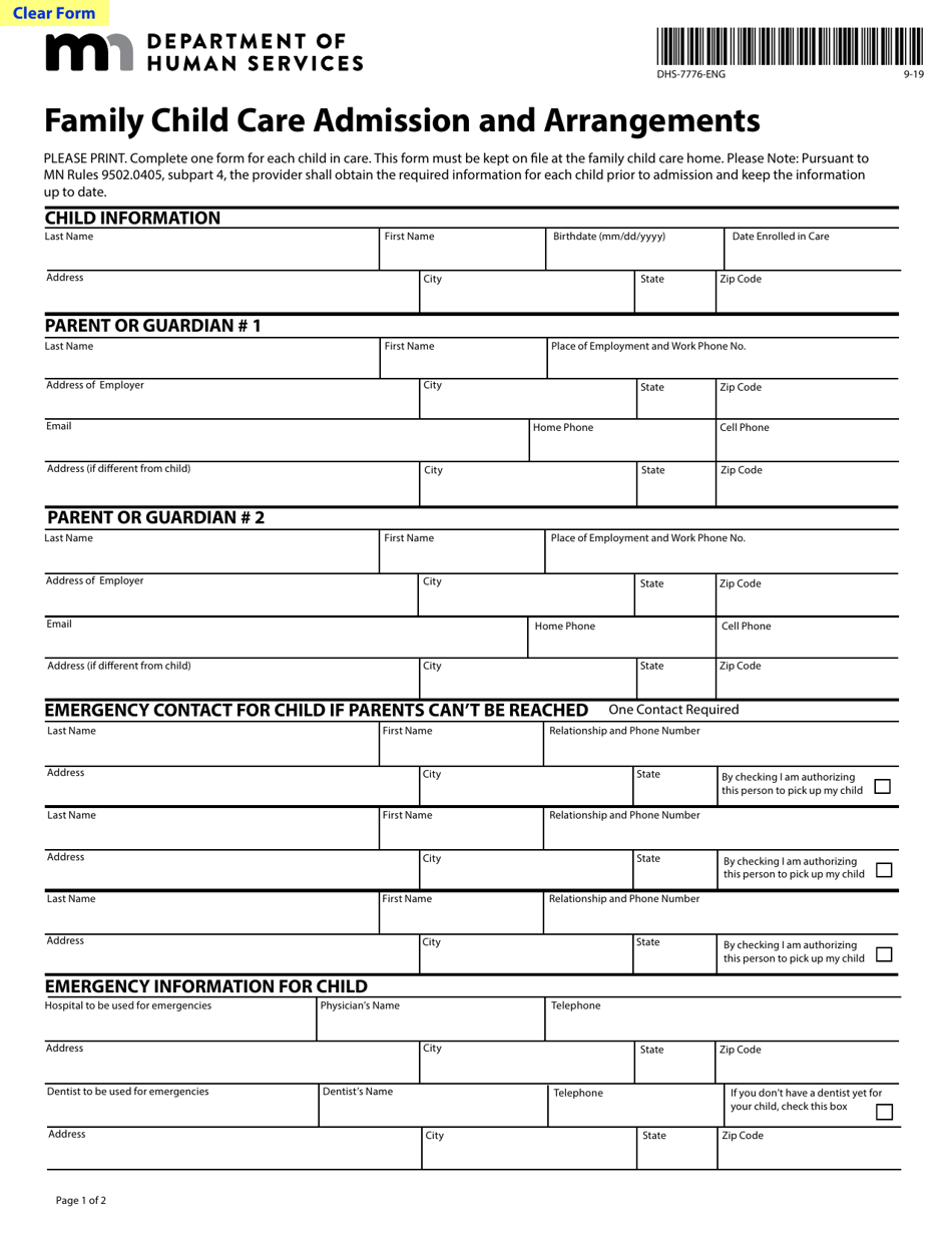 Form DHS-7776-ENG Family Child Care Admission and Arrangements - Minnesota, Page 1